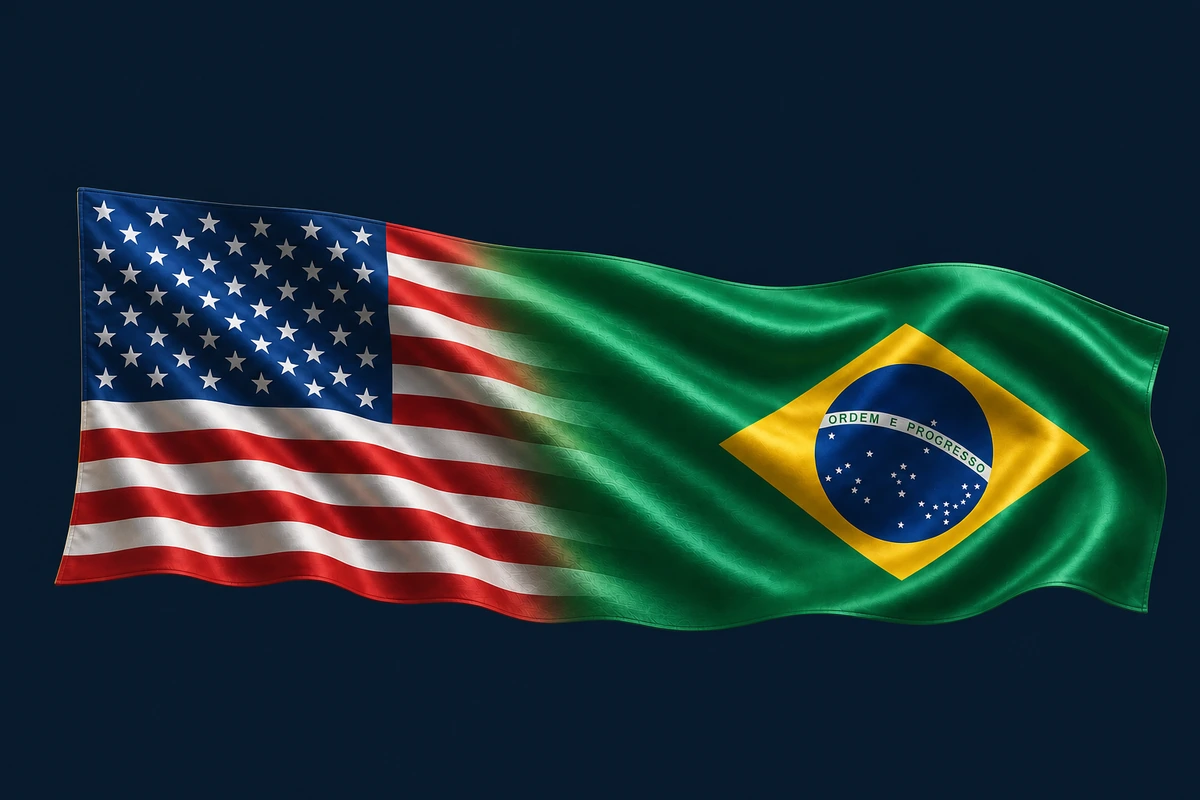 The flag of the United States flowing into the flag of Brazil, on a dark background.
